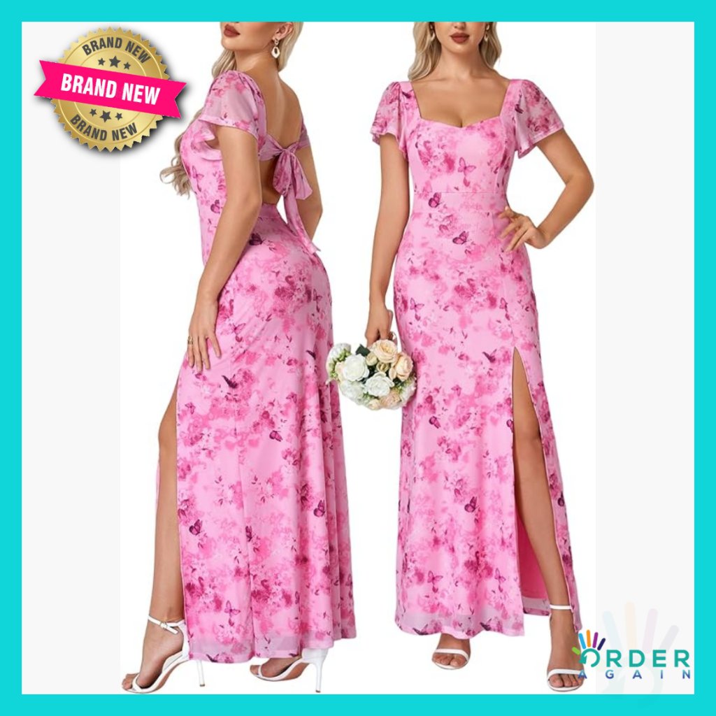Floral Maxi Dress Elegant Formal Cocktail Party Wear High Slit Back Bow Tie